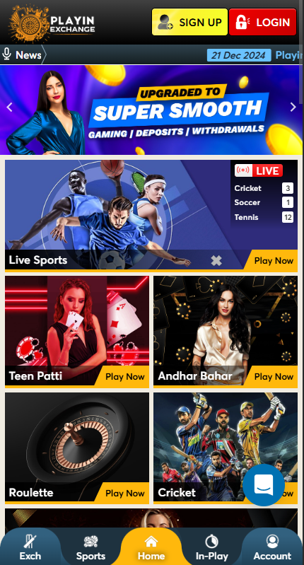 Playinexch home screen or dashboard (horizontal)