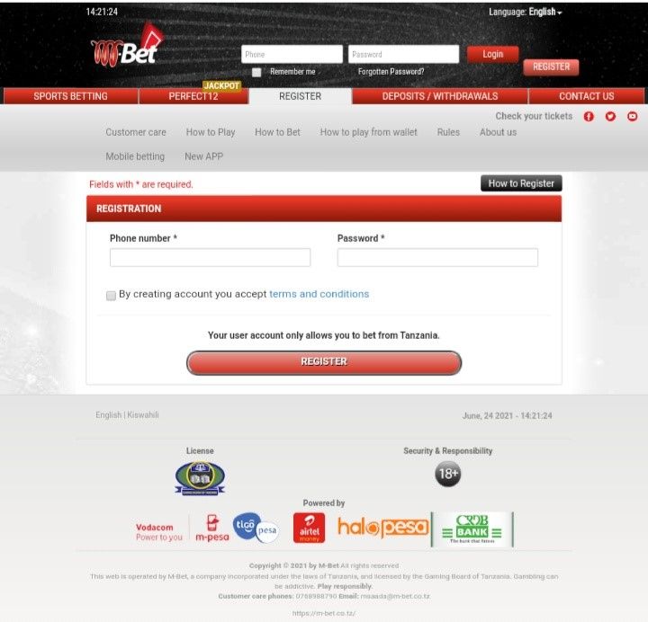 Registration Form on M-Bet