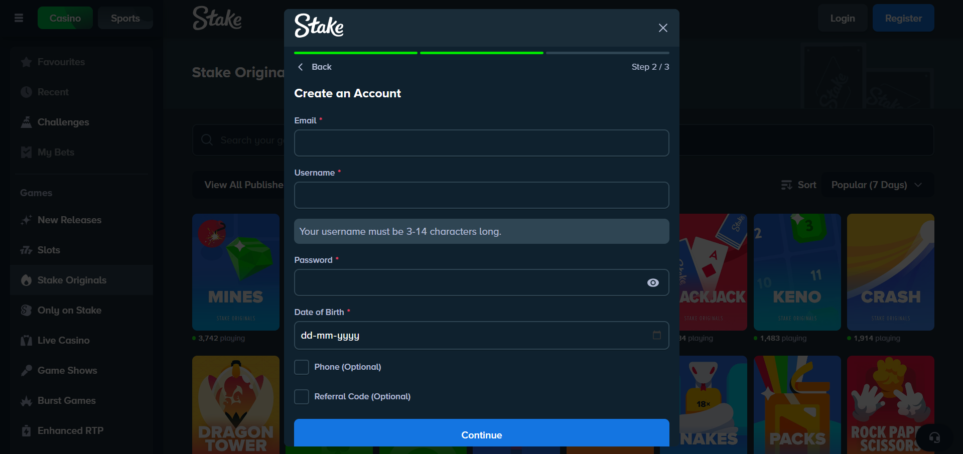 Account registration at Stake