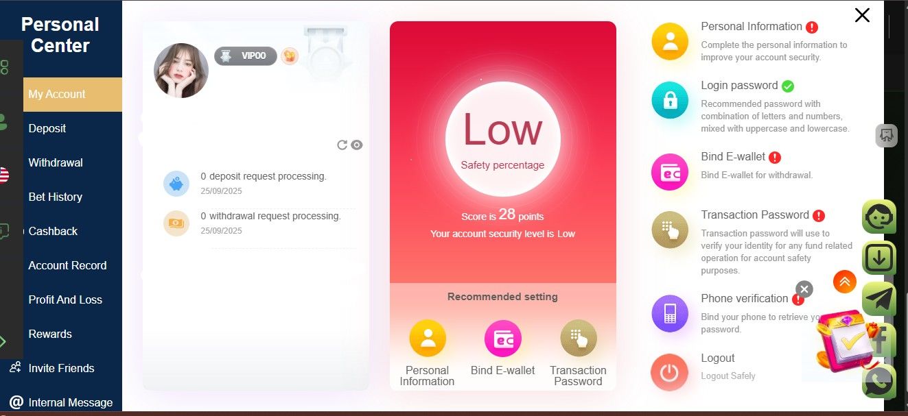 Security settings snippet of BajiOK