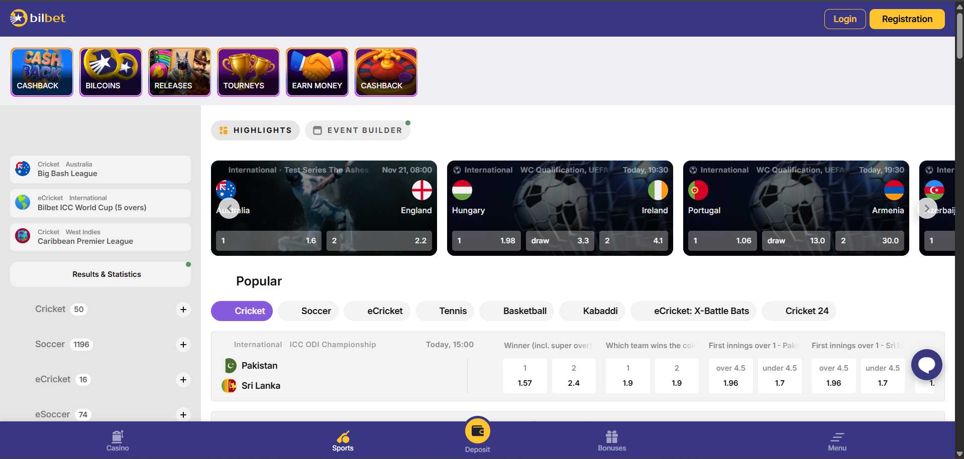 Sportsbook features of Bilbet
