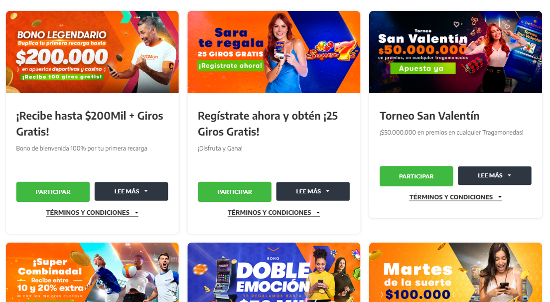 Se muestra la pantalla de las promociones de betsson Colombia