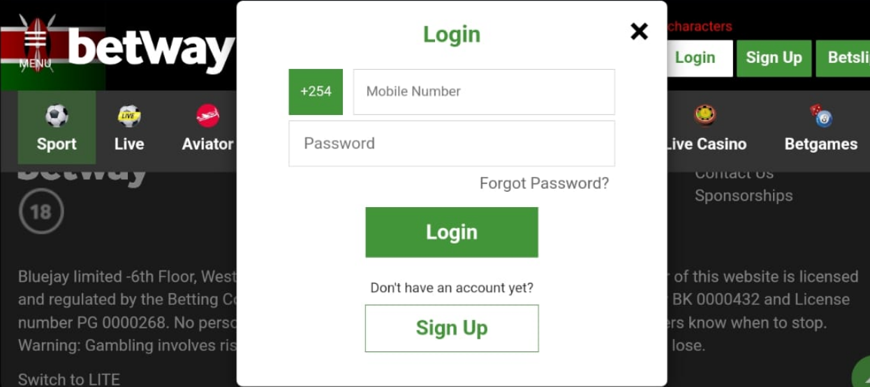 An image of the Betway login form page