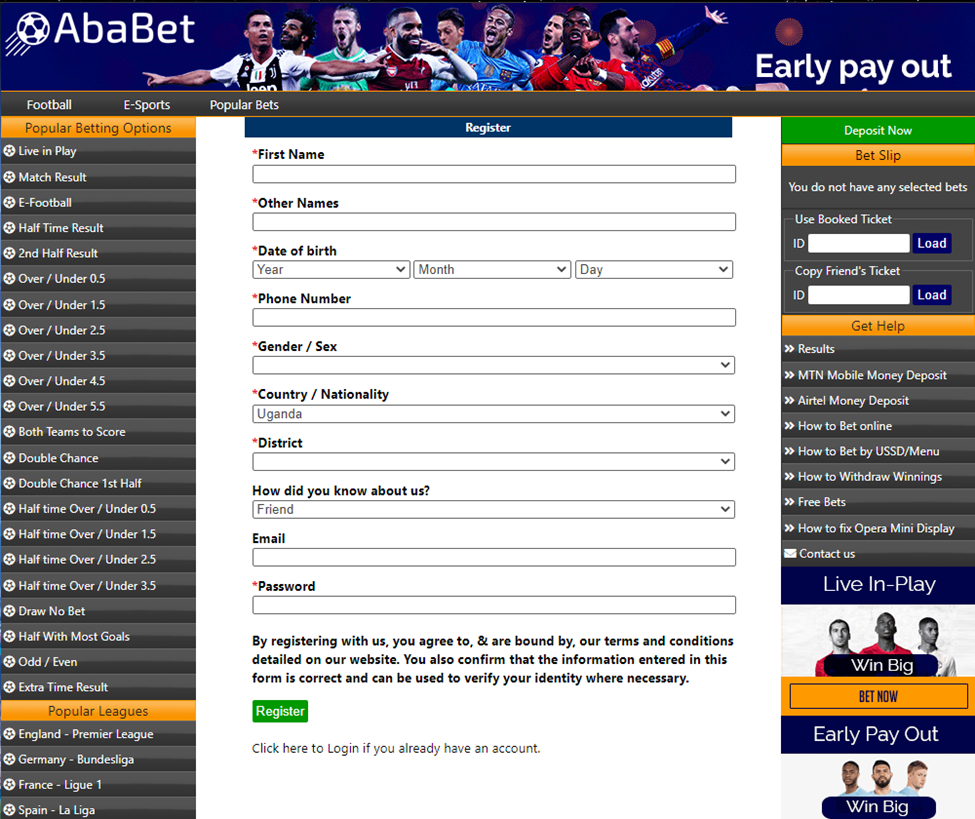 Main page of Ababet Sign-Up