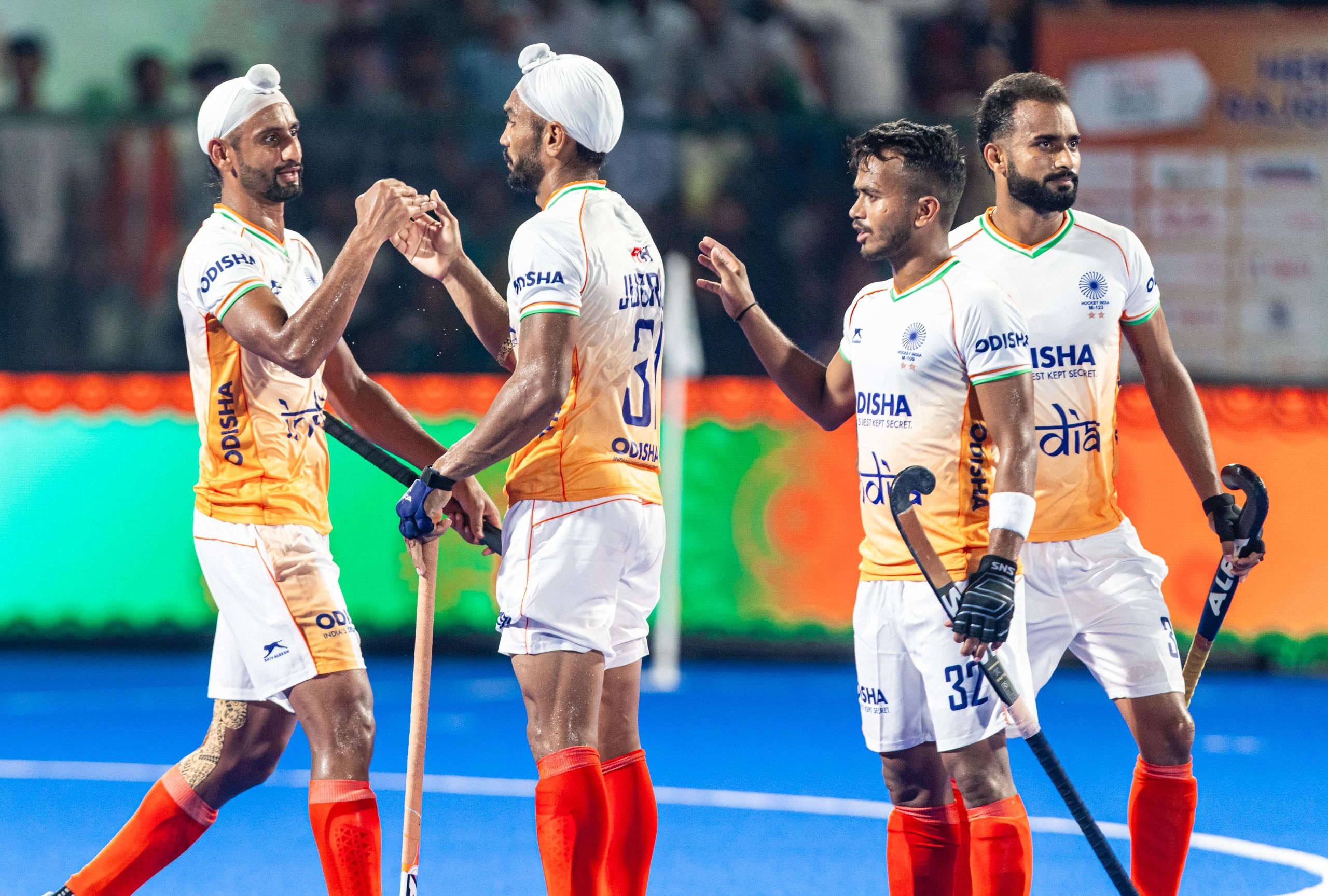 India players celebrate their comprehensive win. @Hockey India