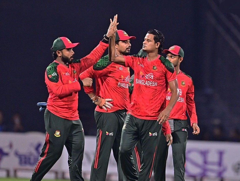 JUBILANT: Bangladesh players celebrate a wicket. @BCBTigers/X