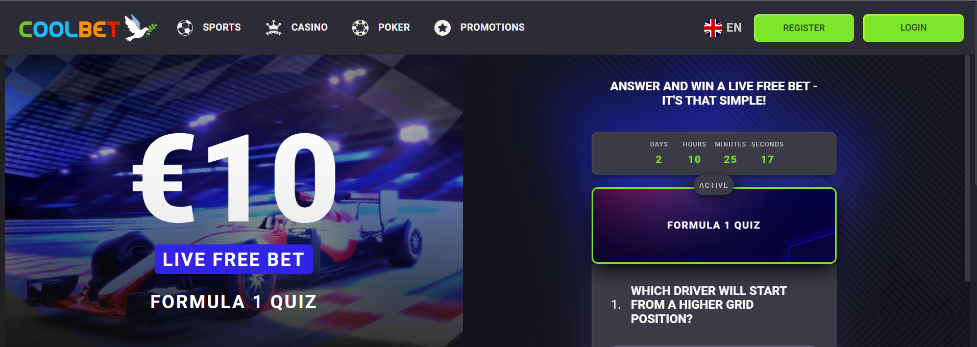 Answer a few questions regarding F1 racing and take away a live free bet of €10.