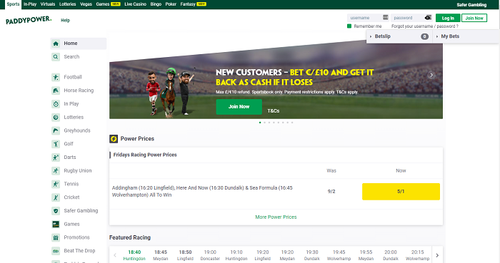 The homepage of Paddy Power betting site