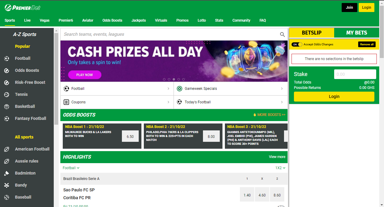 An image of the Premier Bet Ghana homepage page