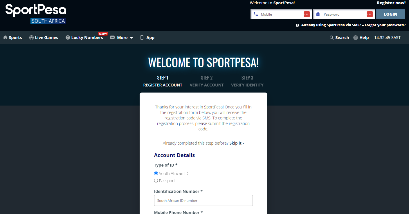 Creating an account on Sportpesa