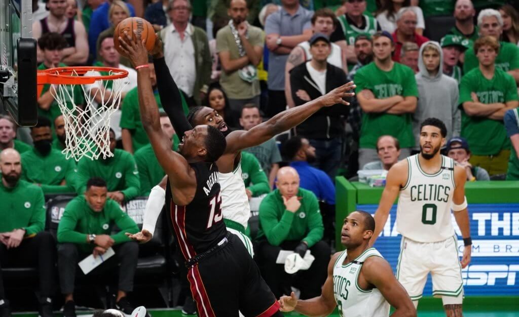 Bam Adebayo dunking past Jaylen Brown (Miami Heat vs Boston Celtics)