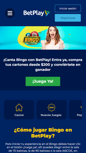Se muestra la sección de Bingo, Registro y apuestas en deportes virtuales