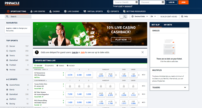 The homepage of Pinnacle betting site