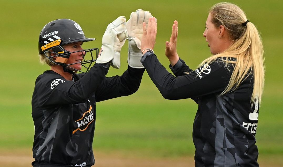 Sophie Ecclestone (right) celebrates the fall of a wicket with Manchester Originals skipper Beth Mooney during their victory over Trent Rockets in Women's Hundred at Trent Bridge in Nottingham on Tuesday. @ The Hundred/X