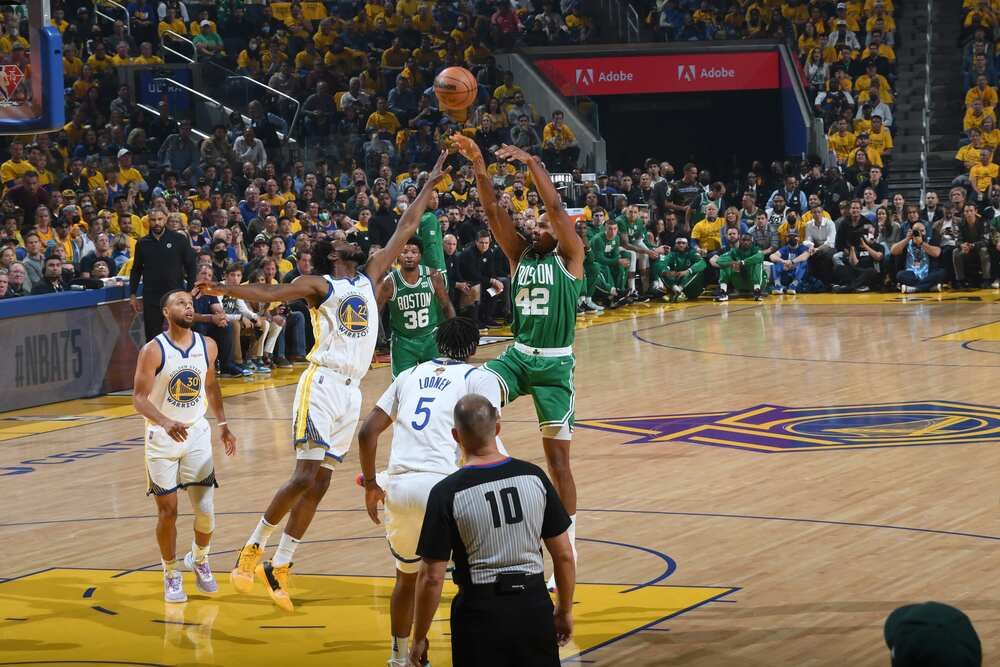 Al Horford shooting over Andrew Wiggins Golden State Warriors vs Boston Celtics