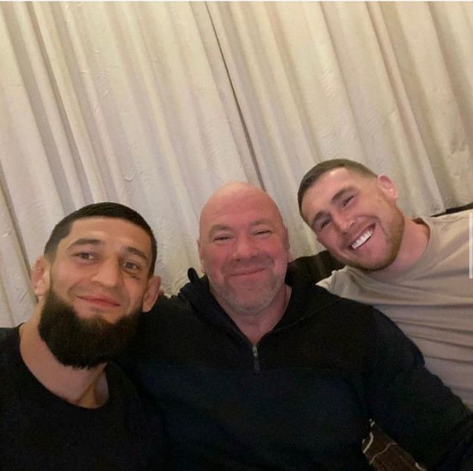 Khamzat Chimaev, Dana White, and Darren Till Khamzat Chimaev, Dana White, and Darren Till