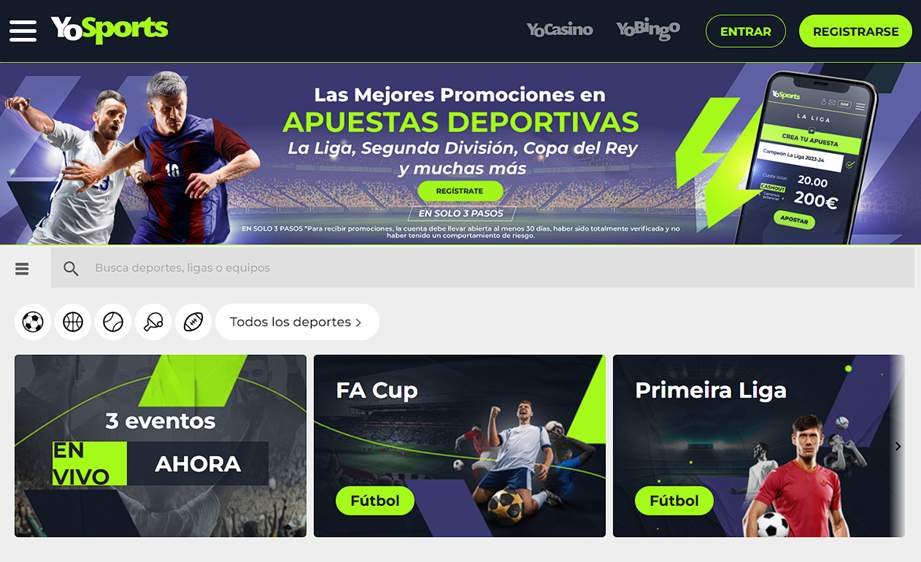 Página de inicio de la casa de apuestas YoSports en España