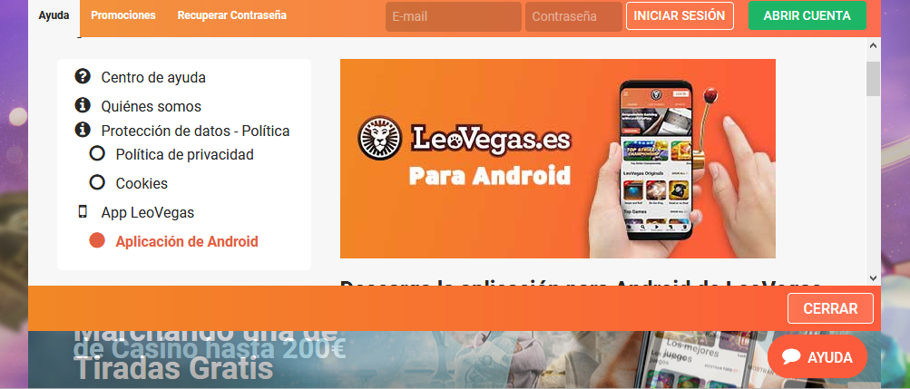 Página para descargar app móvil de LeoVegas para Android