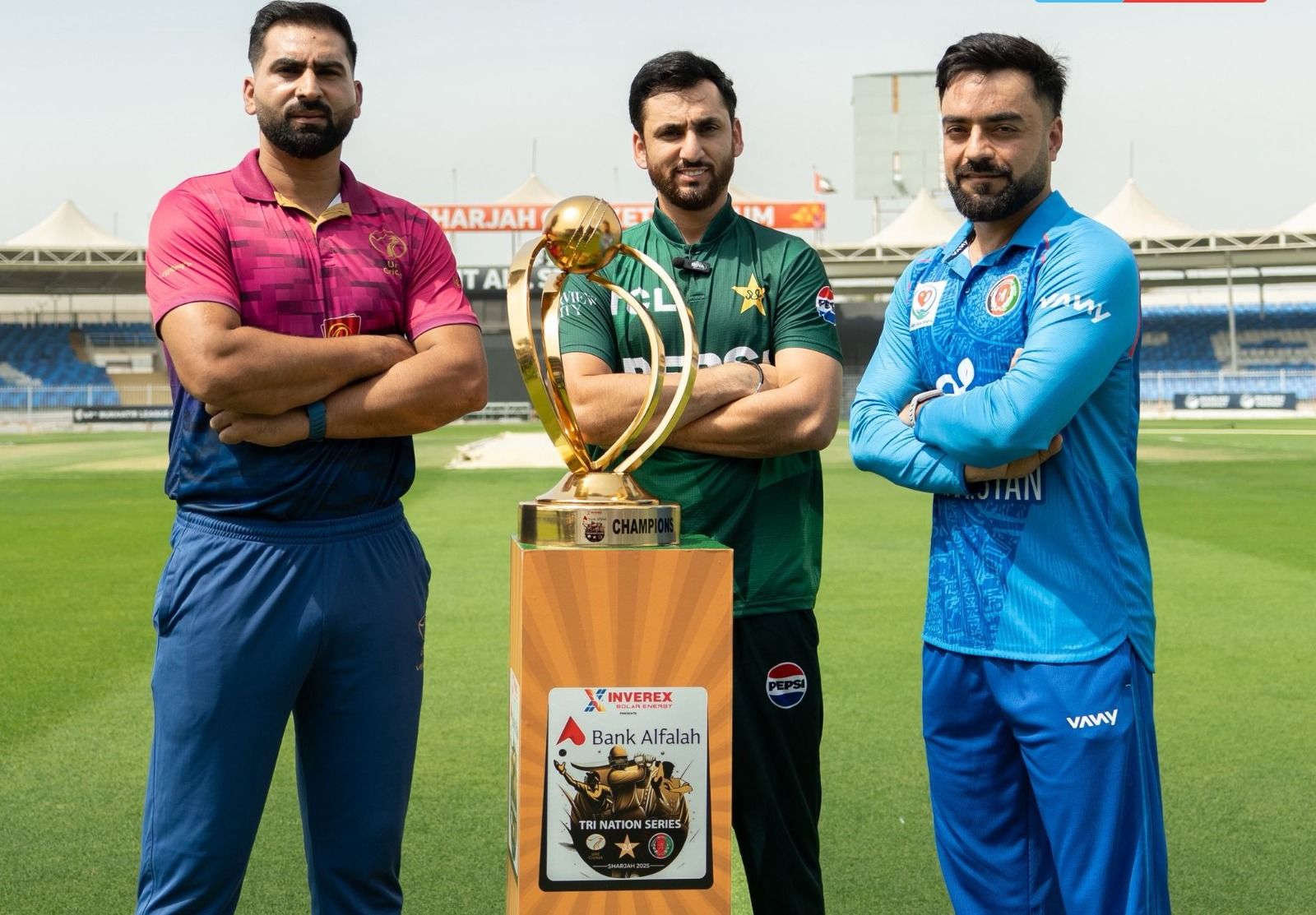 UAE captain Muhammad Waseem poses with Pakistan skipper Salman Agha and his Afghanistan counterpart Rashid Khan on the eve of the start of the UAE T20I Tri-series at the Shaarjah International Stadium. @ Afghanistan Cricket Board/X