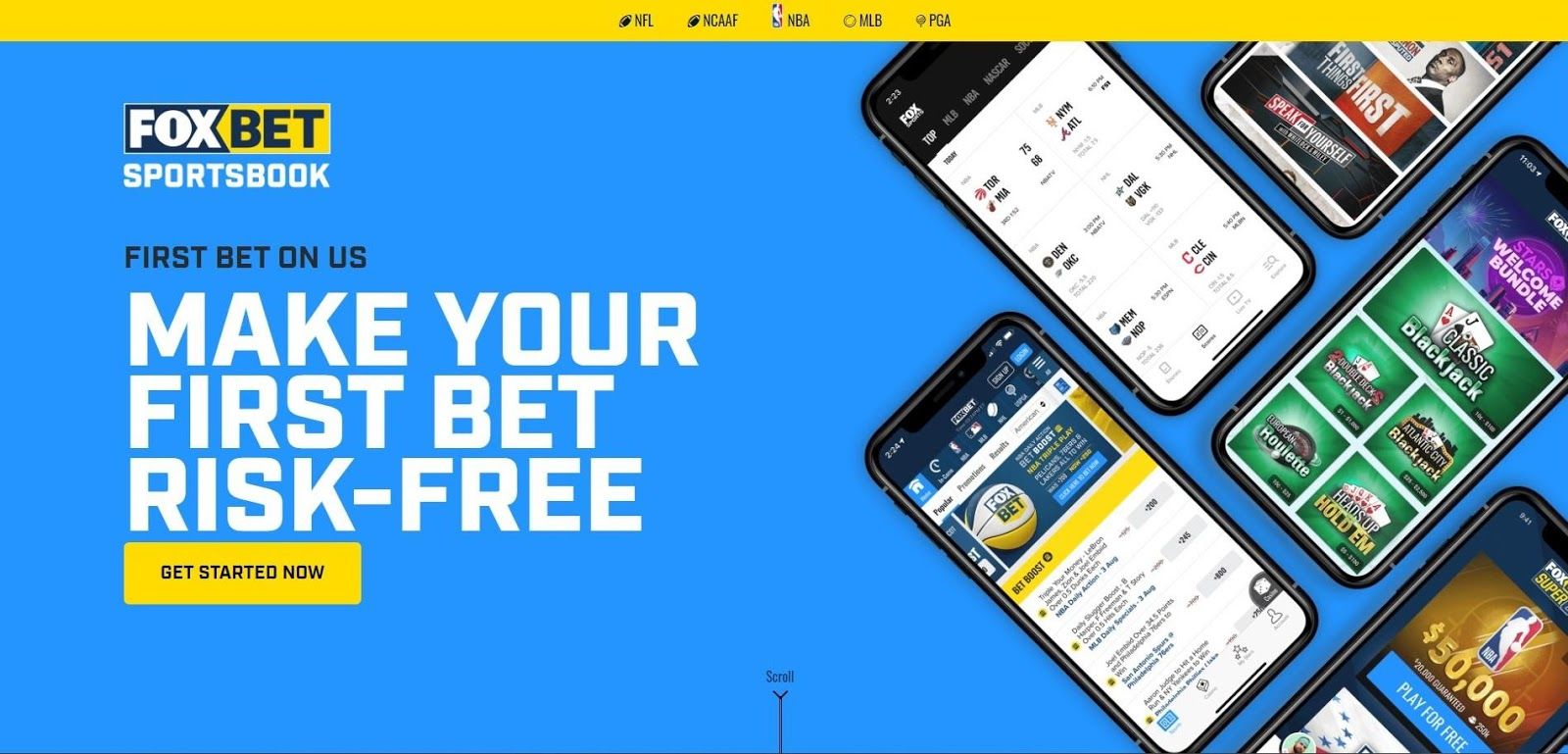 Fox Bet Sportsbook landing page with Sign Up button “Get Started” Call to Action button on Fox Bet sportsbook landing page