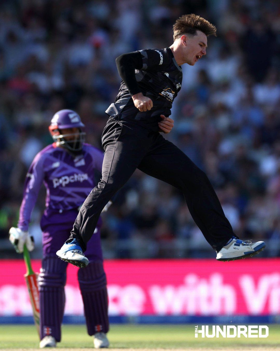 Sonny Baker claimed a hat-trick to help Manchester Originals beat Nothern Superchargers in the Men's Hundred at Manchester. @ The Hundred/X