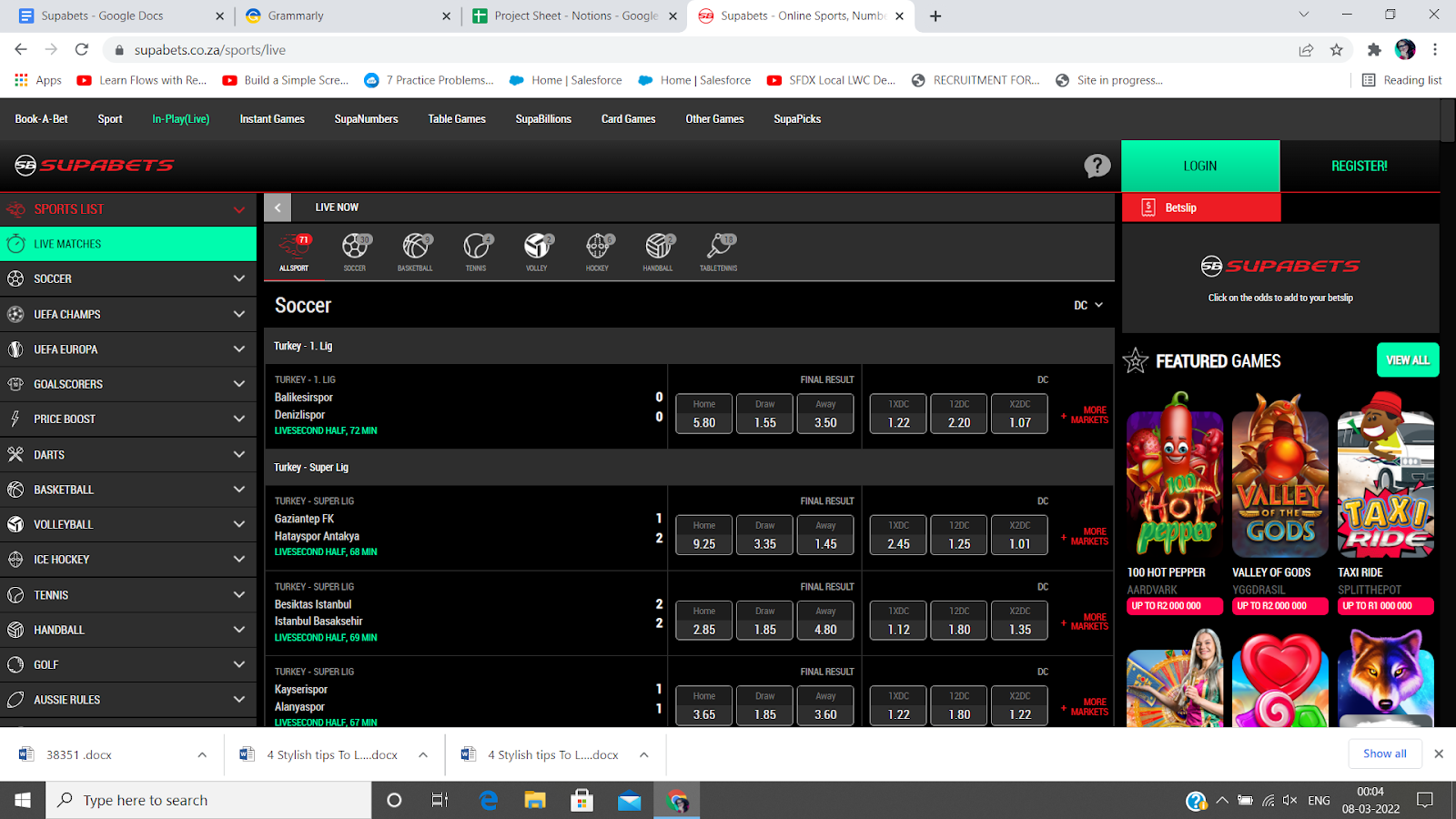 Home page of the web version of Supabets site.