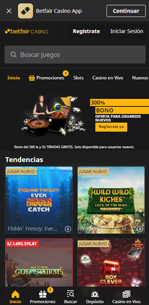 Páginas principales de Betfair Perú para móviles