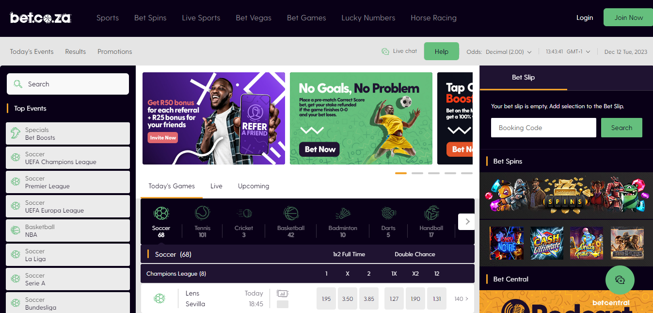 Image showing the homepage of Bet.co.za betting site.