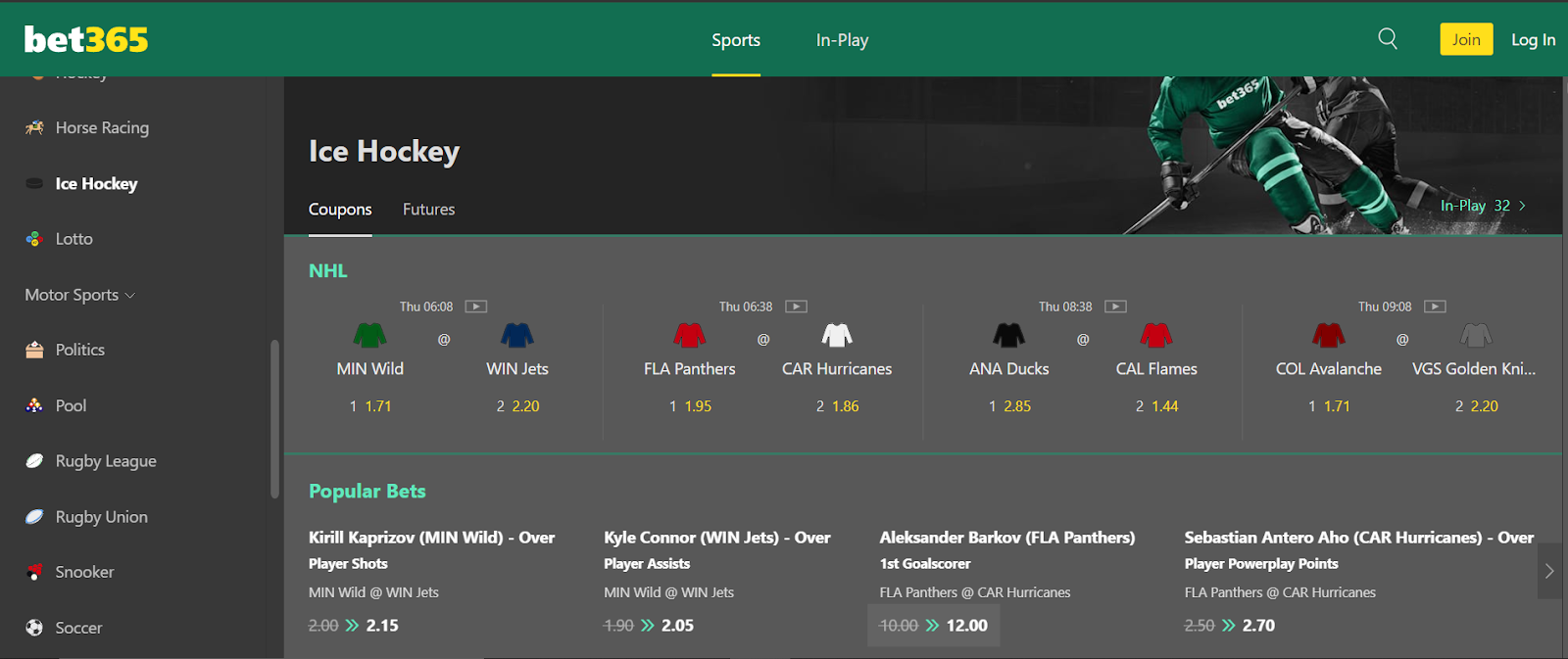 bet365 offering details on ice hockey games and betting options.