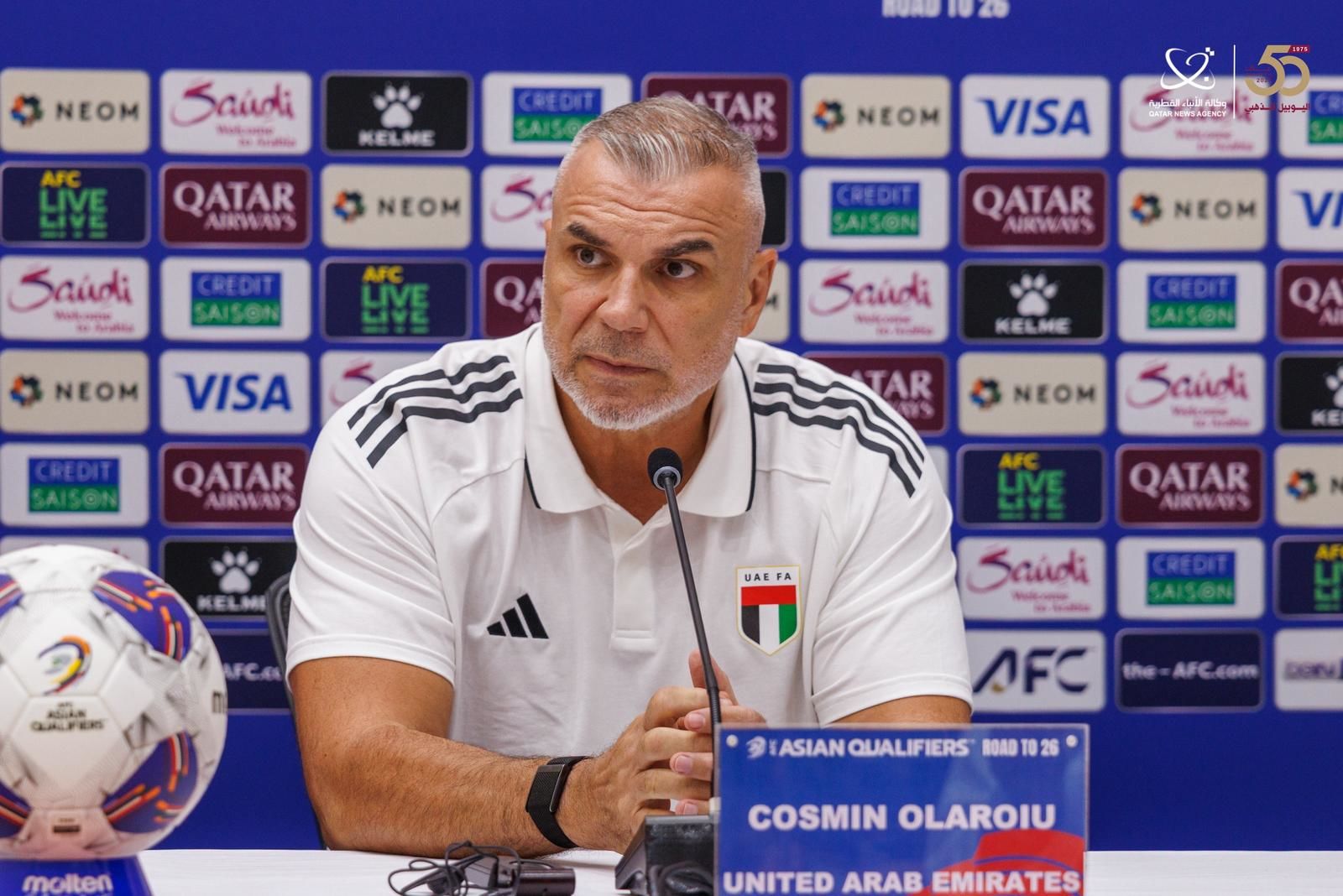 UAE's Romanian coach Cosmin Olaroiu addresses the media in Doha on Friday, the eve of his team's fourth round Asian World Cup Qualifier match against Oman.