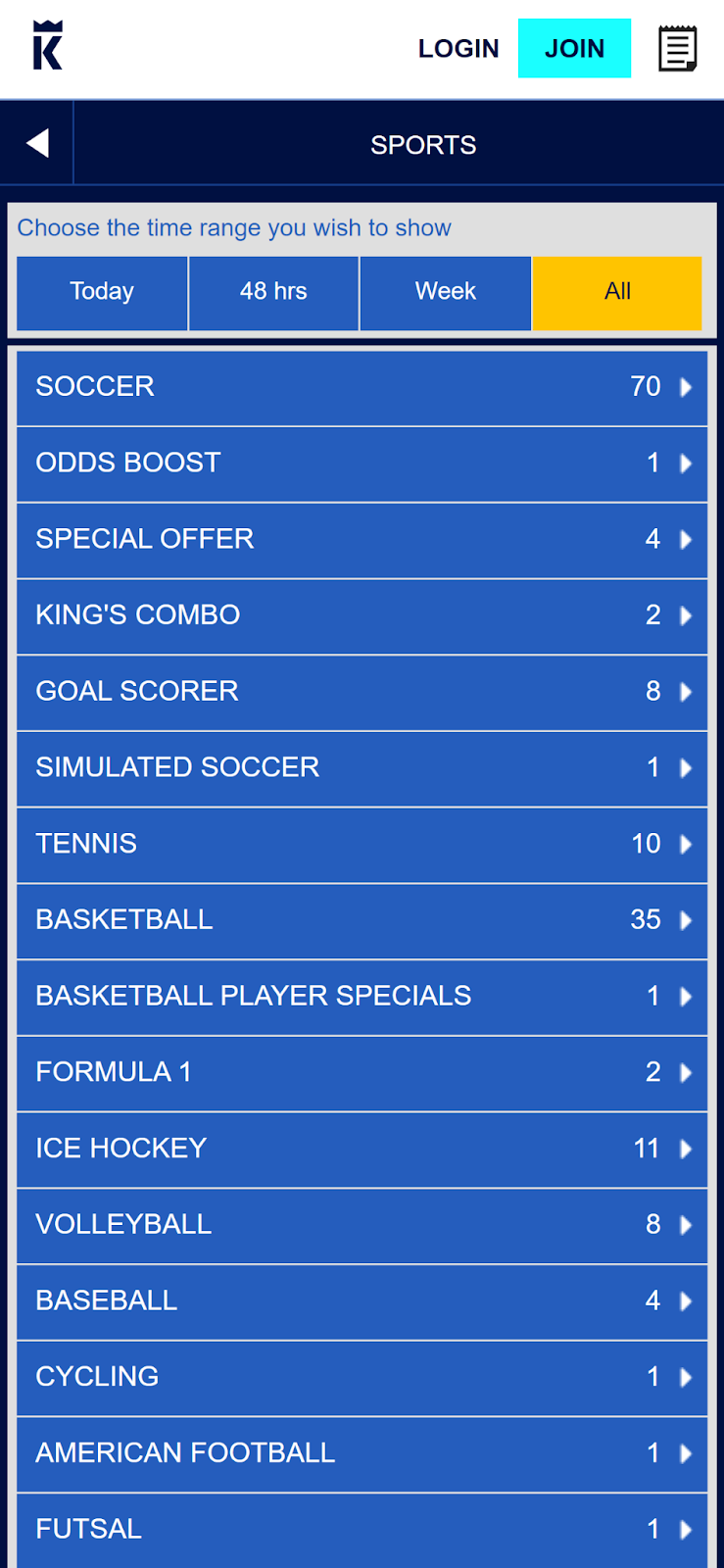 Betking old mobile site layout