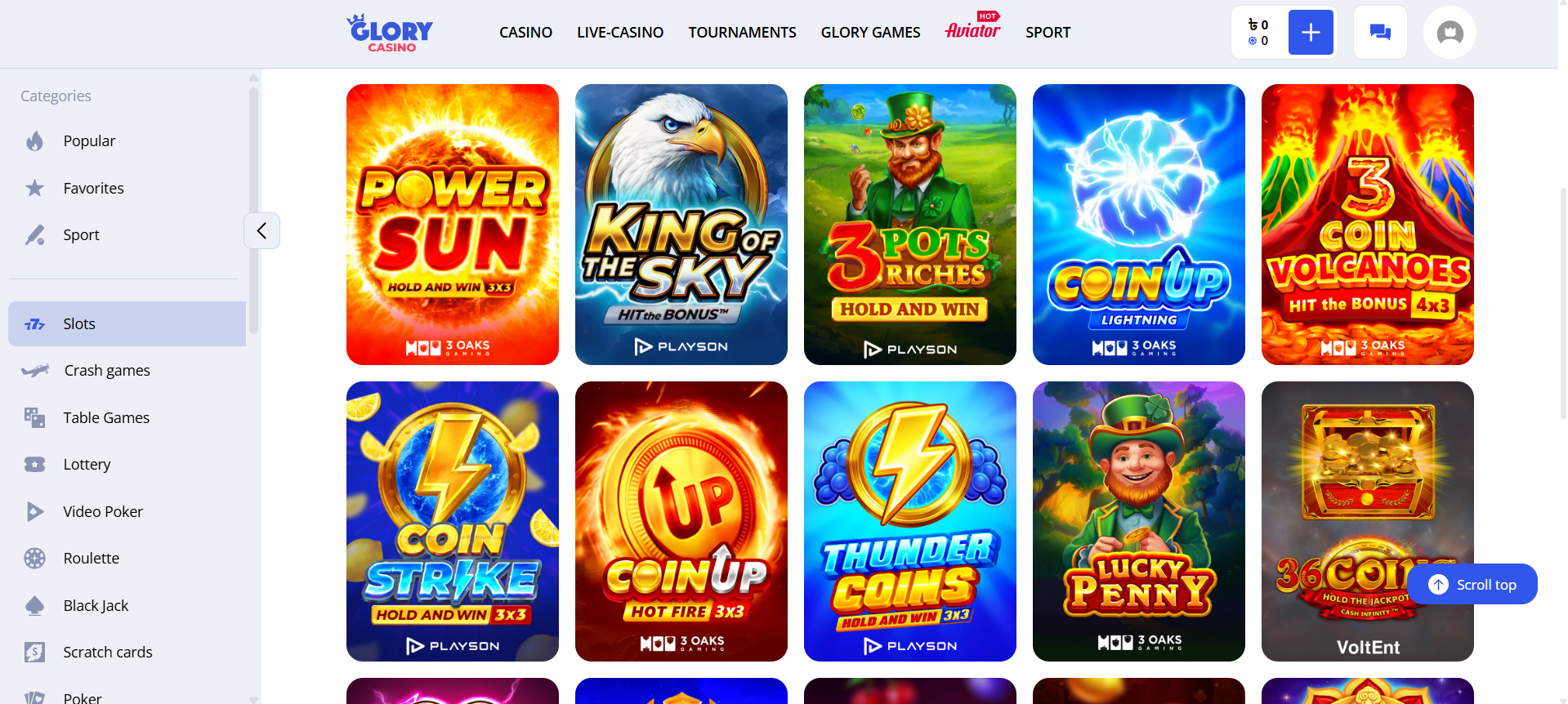 App dashboard on Glory Casino