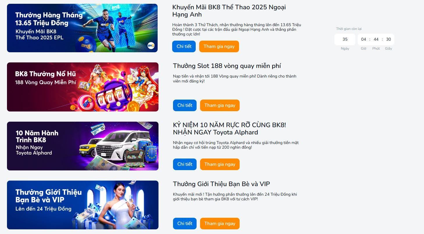 Banner khuyến mãi BK8: Thể thao EPL, 188 vòng quay, kỷ niệm 10 năm, giới thiệu bạn bè & VIP.