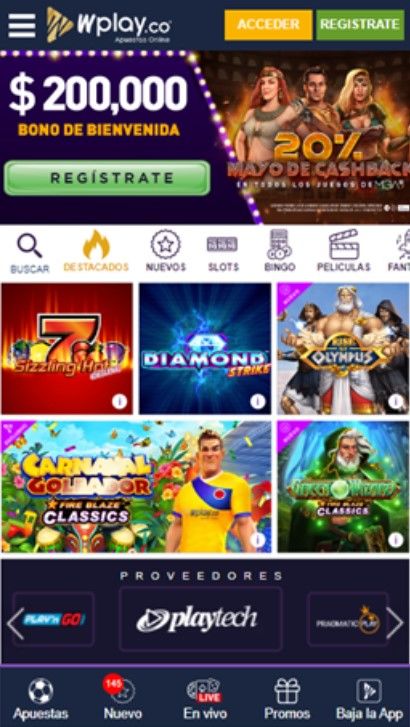 Se muestra la sección de casino, juegos de slots y promociones