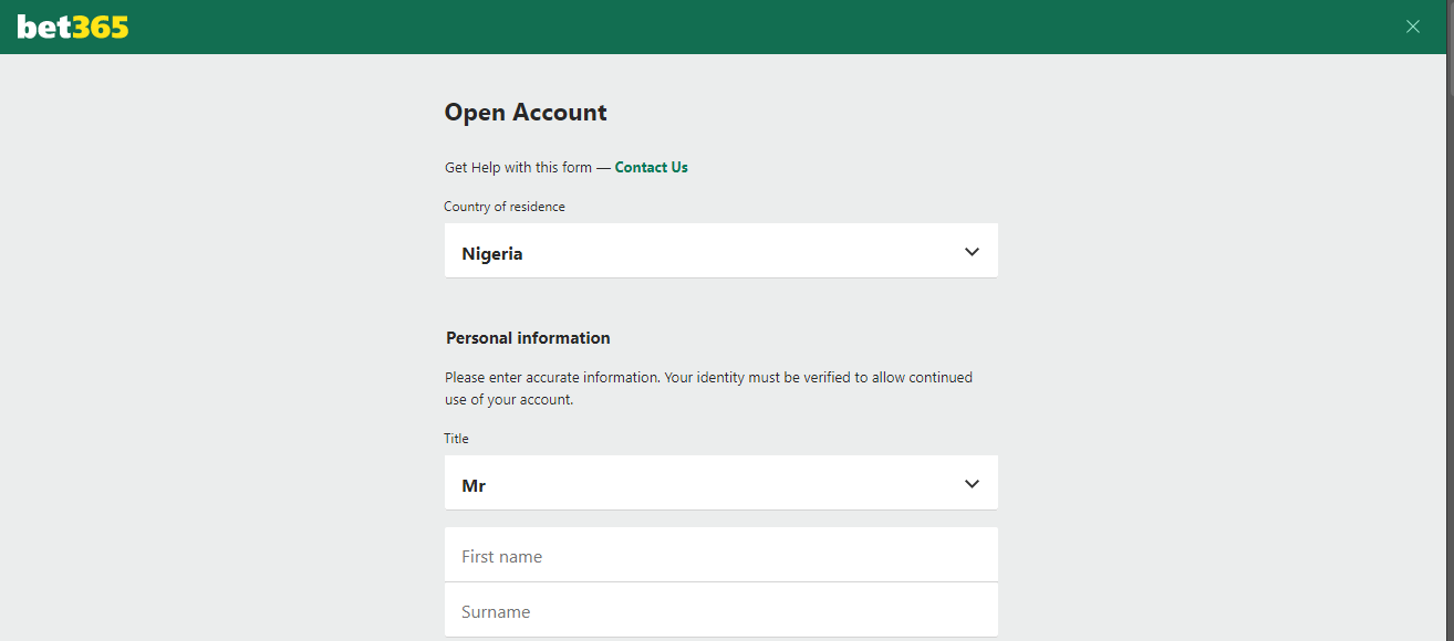 open account page bet365 nigeria