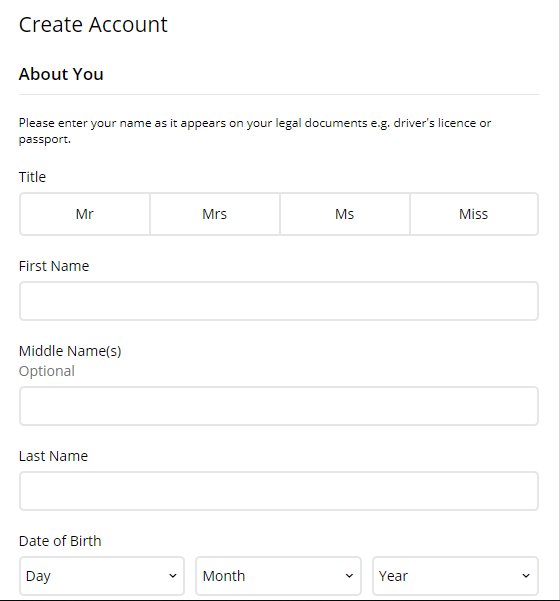 TAB Personal Details Registration Page