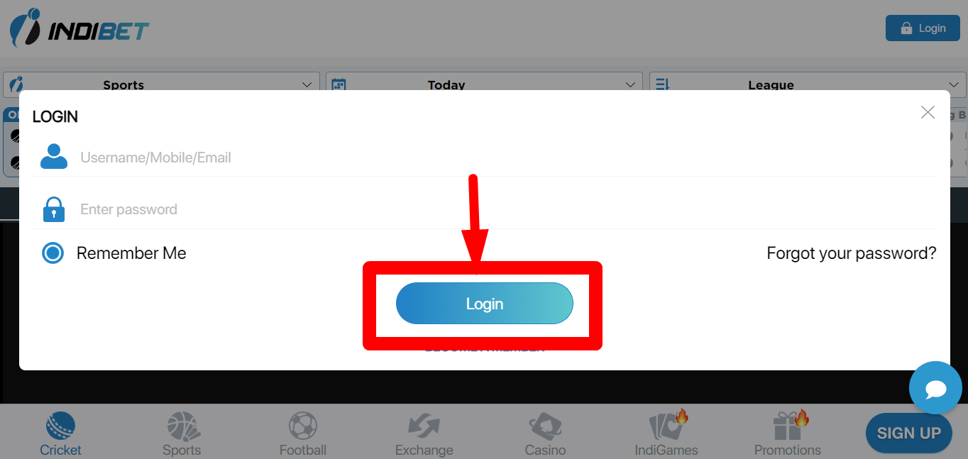 Page to complete logging into Indibet