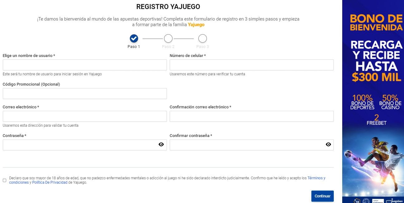 Se muestra el formulario de registro página web Yajuego