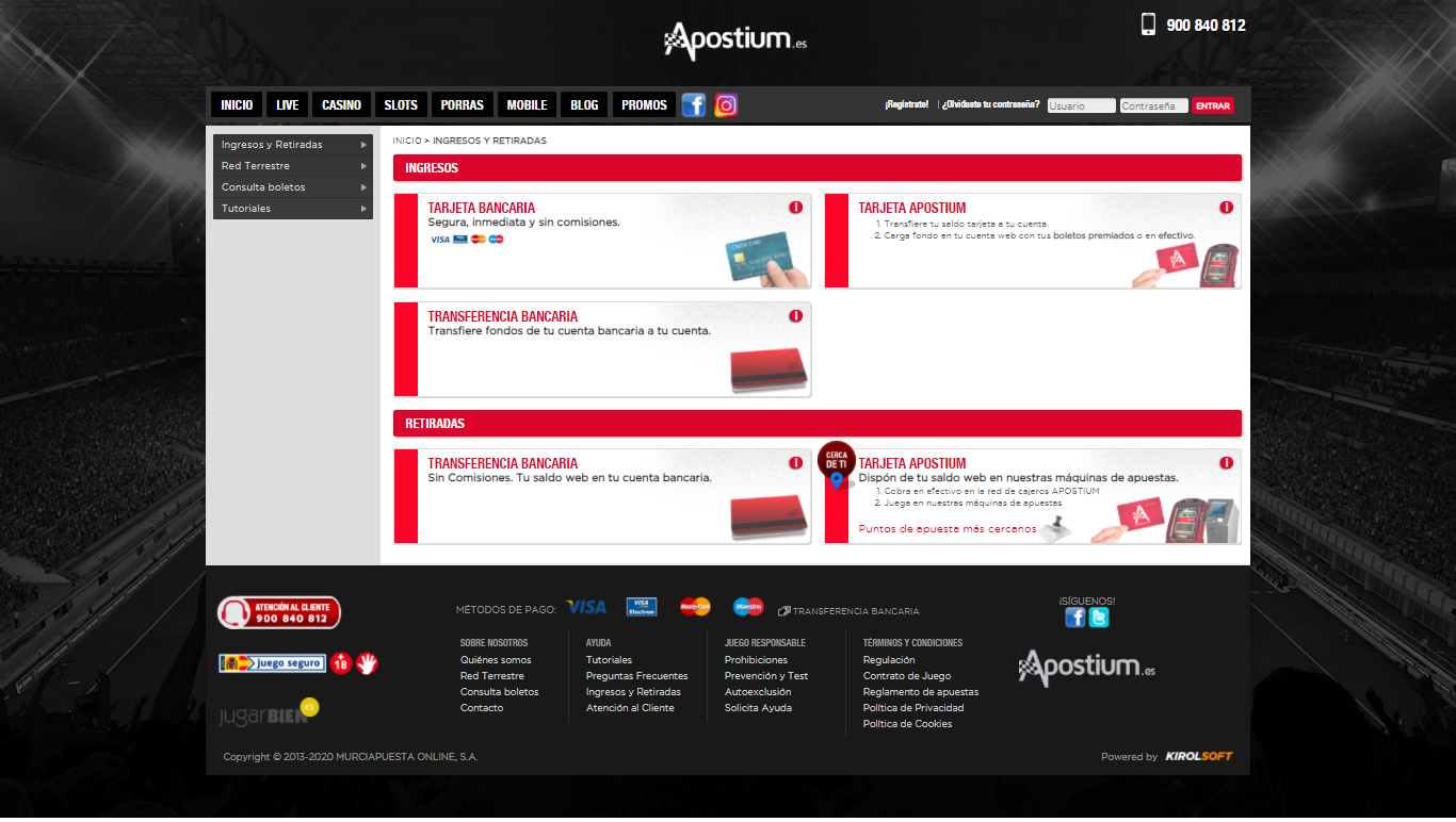 Métodos de pago y retirada en Apostium.es