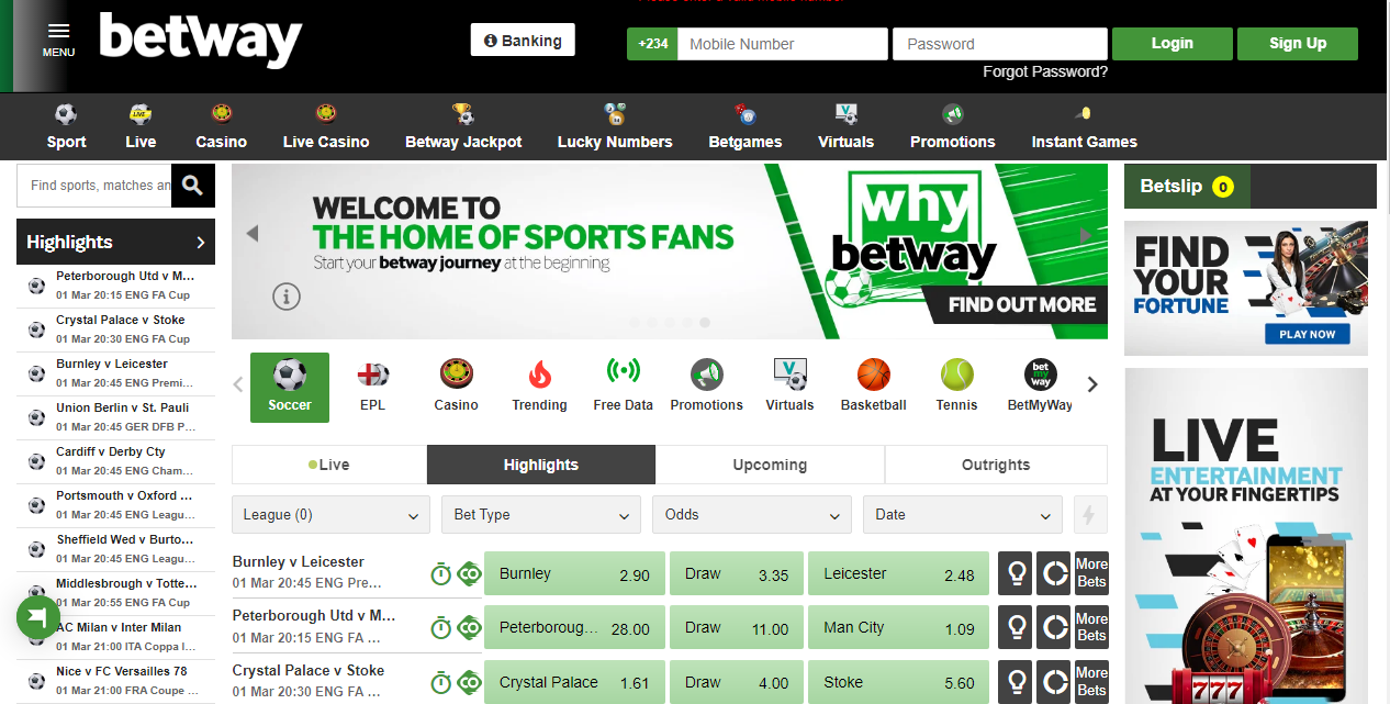 An image of the Betway homepage page