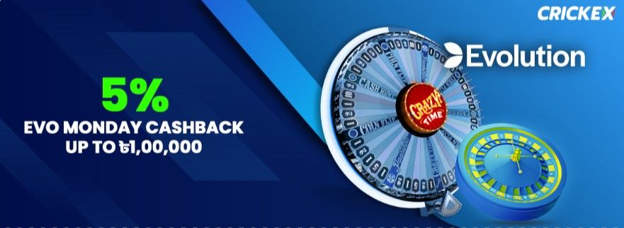 5% EVO up to ৳1,00,000 Cashback Crickex bonuses image