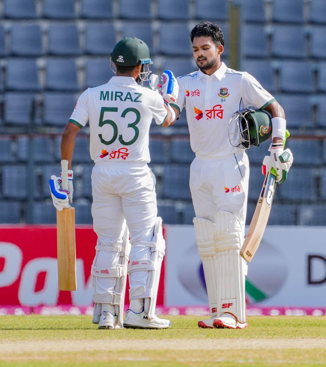 Bangladesh skipper Najmul Hossain Shanto celebrates his century on the third day of the first Test against Ireland in Sylhet.  @BanglaTigers/X