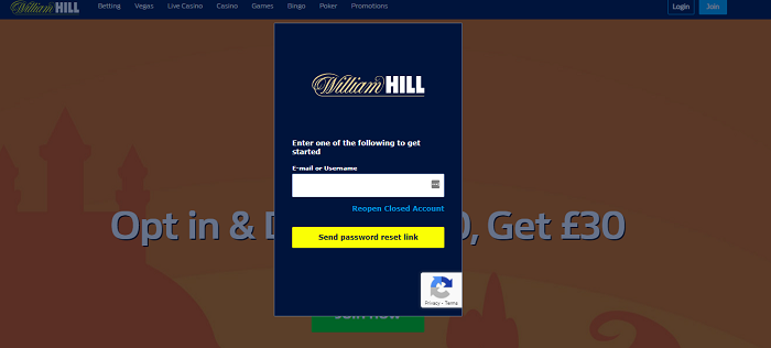 A form for resetting the password of your William Hill account