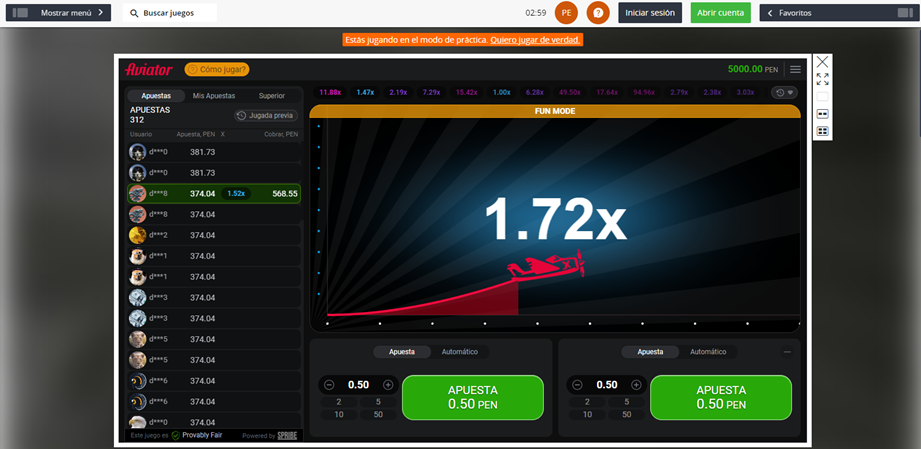 Se muestran las opciones principales en Aviator Betsson