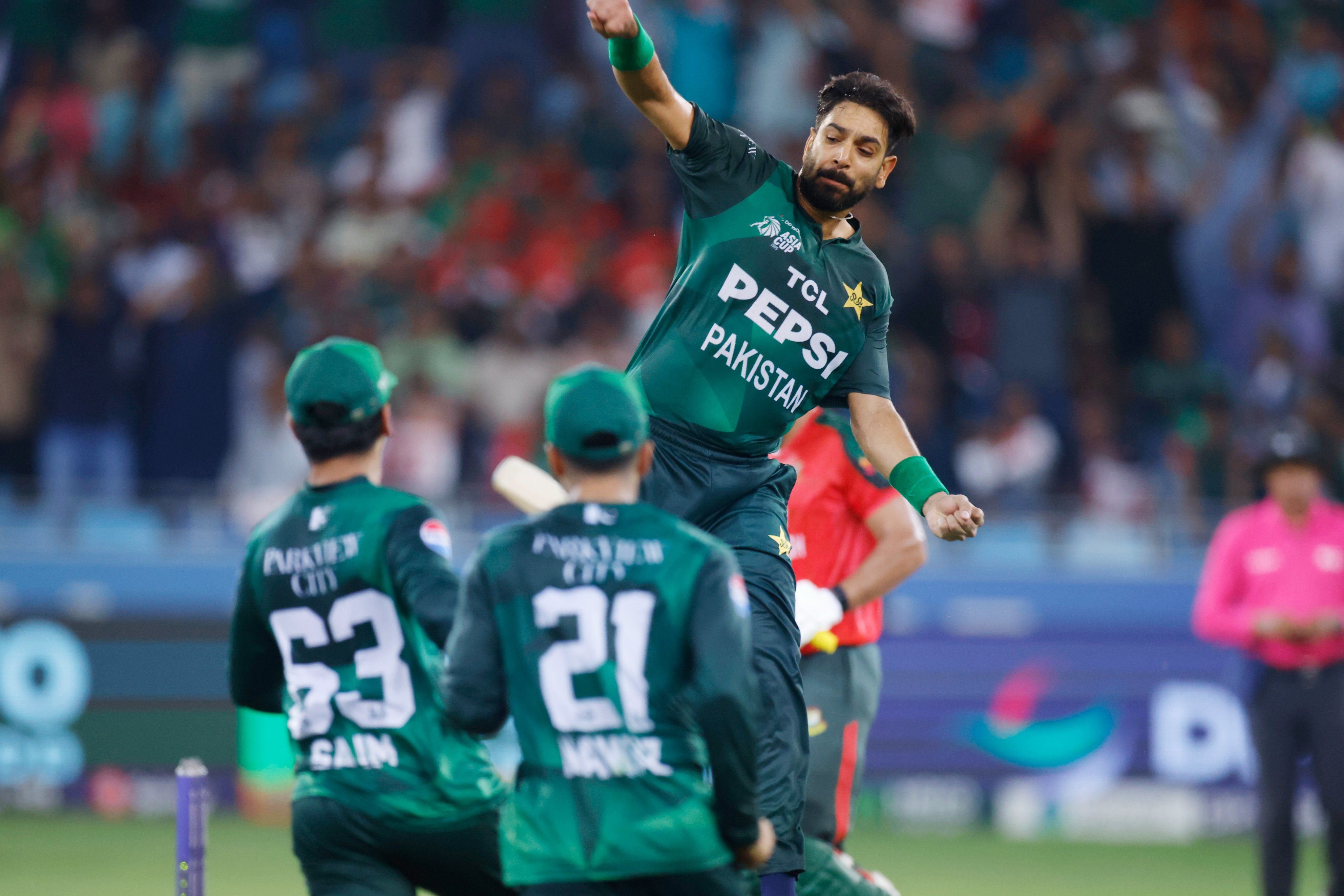 ON A STICKY WICKET: Pakistan’s Haris Rauf celebrates a wicket against Bangladesh. @TheRealPCB / X