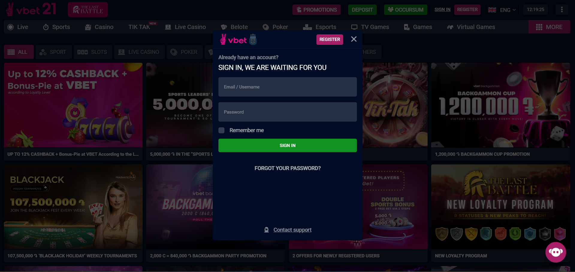 Account login on VBet