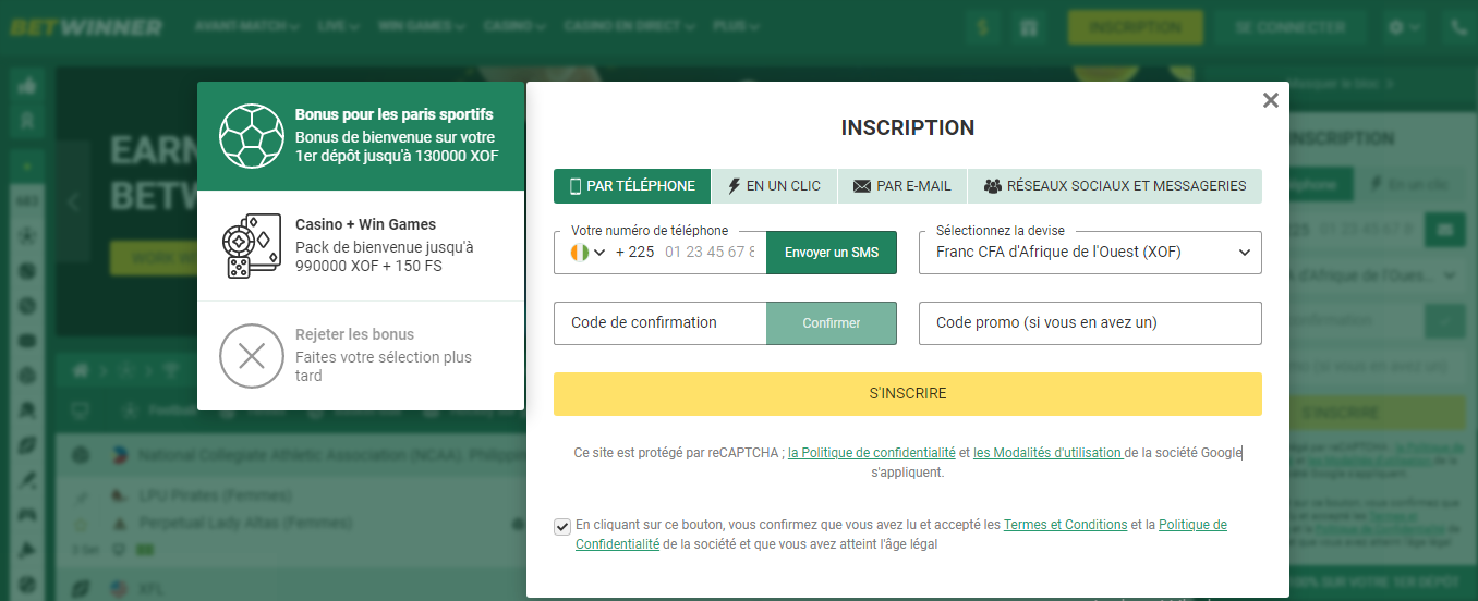 Image de la page du formulaire “Betwinner inscription” Côte d’ivoire