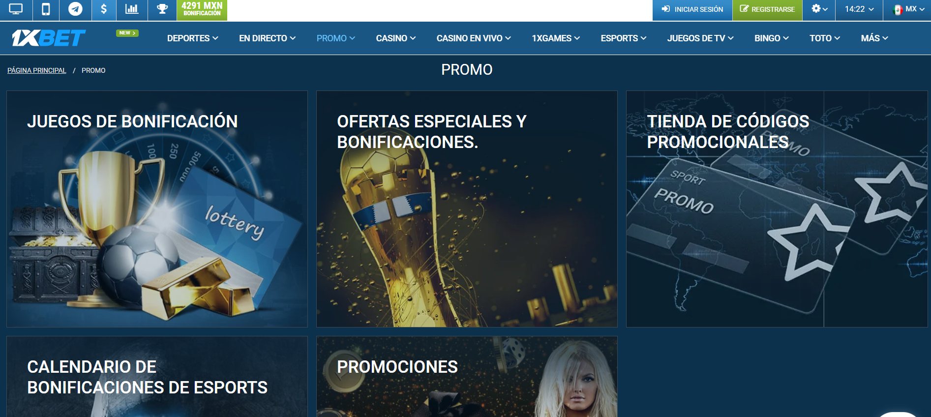 Sitio web de 1xbet mexico con las categorías de bonos y promociones disponibles