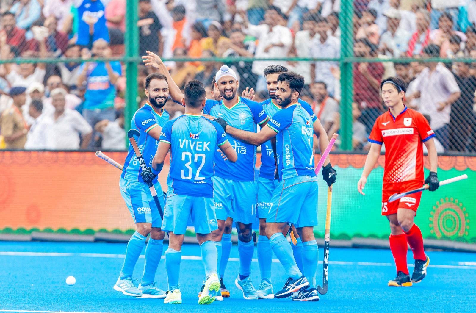 Indian players celebrate a goal. @Hockey India