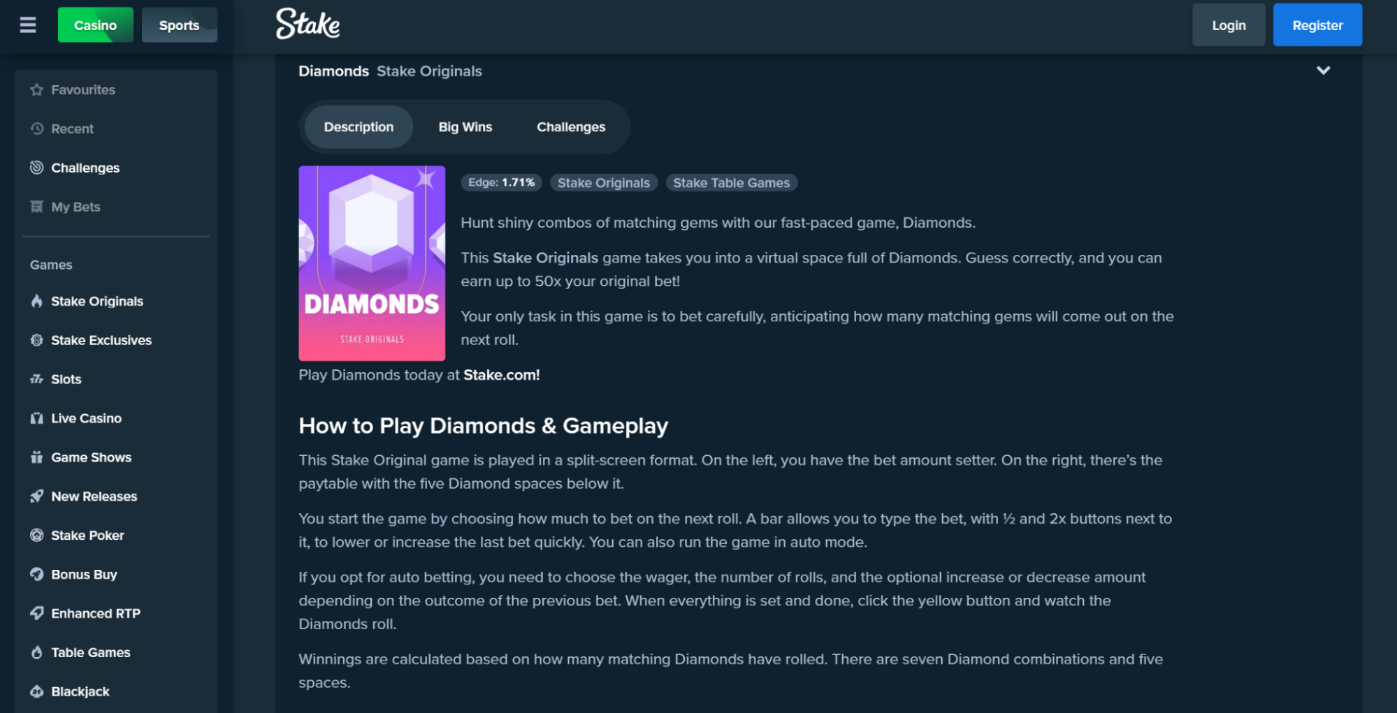 Stake Original Game Diamonds